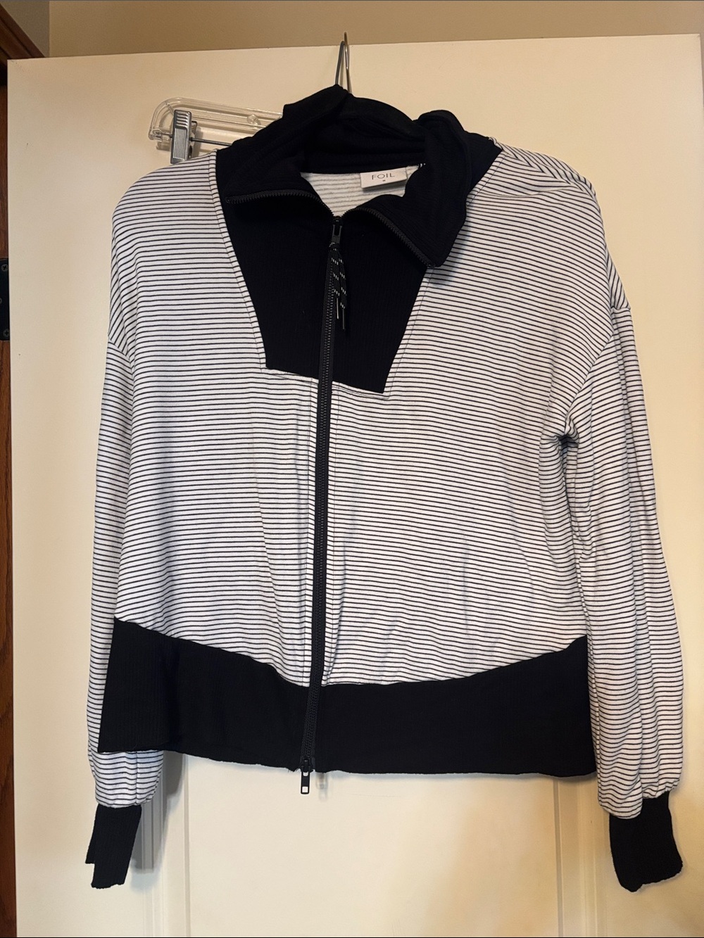 Foil Black & White Striped Bomber Jacket with Contrast Trim